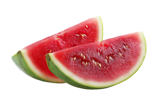 Two juicy watermelon slices isolated on clear transparent PNG background — high‑resolution cutout ideal for summer fruit menu graphics, lemonade packaging, healthy snack blog visuals