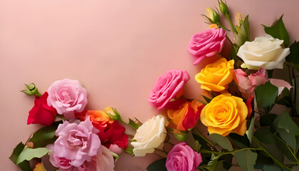 A vibrant arrangement of colorful roses against a soft pink background.