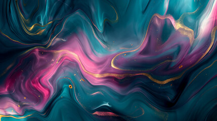 Obraz premium Abstract Teal, Pink, and Gold Fluid Art: Swirling Luxury Background Texture