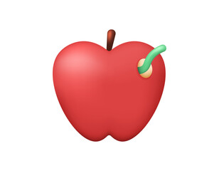 Illustration of a red apple with a green caterpillar. The caterpillar is coming out of a hole in the apple. Ornament, decoration, symbol, fruit. Minimalist 3D style design. Asset elements. Autumn