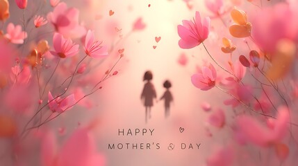 A heartwarming flat design illustration of Mother's Day, showcasing a blonde mother gently embracing her baby in the left foreground Mother's Day and Parental Love Family and Childcare Content