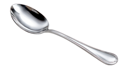 Shiny silver spoon on black background, angled view, ornate handle
