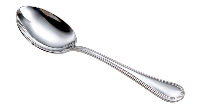 Shiny silver spoon on black background, angled view, ornate handle