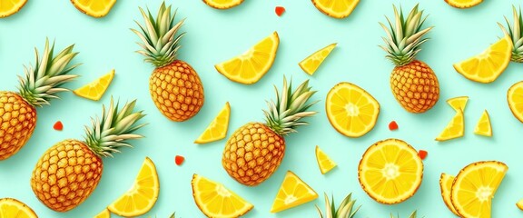 Vibrant seamless pattern of juicy pineapple slices on a summery background,  cheerful,   vector