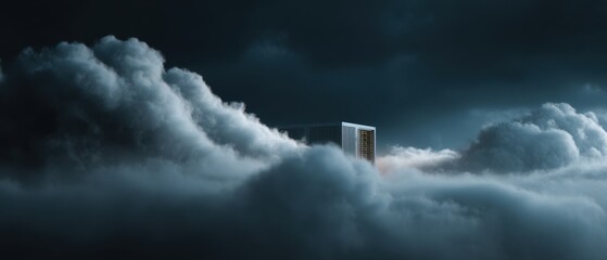 Secure cloud data storage center surrounded by storm clouds - symbol of cybersecurity and technology