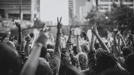 Crowd celebrating with hands raised in a jubilant display, energized by a shared experience, in an event, show unity, hope, and collective joy.