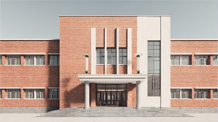 Modern school building facade with large windows and clean architecture