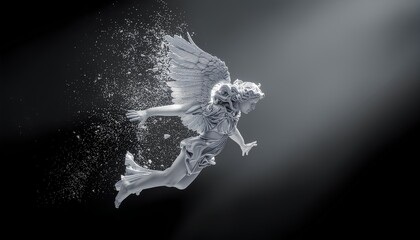 Fototapeta premium Cool Wallpapers Dissolving Celestial Being In Flight, Dramatic Dark Gray Background, Digital Rendering