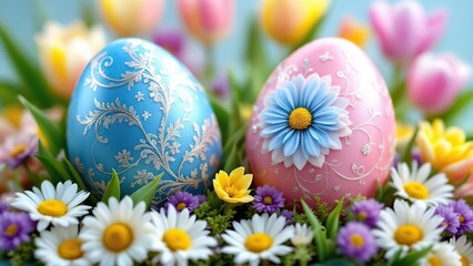 Decorated easter eggs with daisies and tulips in soft focus springtime background for easter holiday