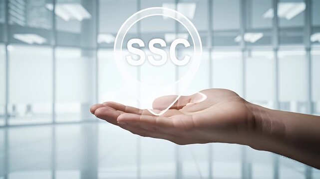 Hand Presenting Glowing Ssc Icon in Bright Office Digital Business Technology Service Care Concept Symbol Communication Innovation Graphic
