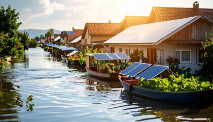 Obraz premium A community adapting to rising sea levels, with flooded houses equipped with solar panels and boats for transportation in a sunlit setting.
