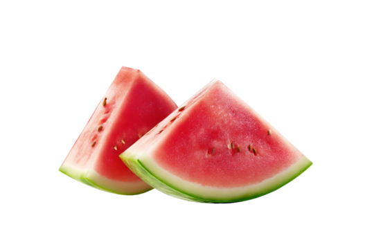 Two juicy watermelon slices isolated on clear transparent PNG background — high‑resolution cutout ideal for summer fruit menu graphics, lemonade packaging, healthy snack blog visuals