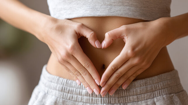 Woman making heart shape on her stomach, wearing gray athletic wear. Focus on well being and healthy digestion. Self-care and self-love concept.
