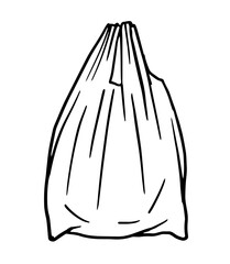 Minimalist line art tied plastic garbage or shopping bag, symbolizing waste accumulation, pollution, single use packaging and environmental impact. Black outline illustration