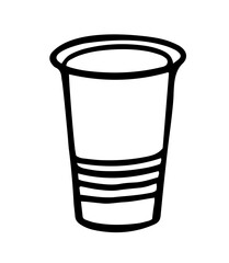 single-use plastic cup with horizontal ridges and tapered profile. Simple vector outline illustration isolated on white, disposable glass design. clean