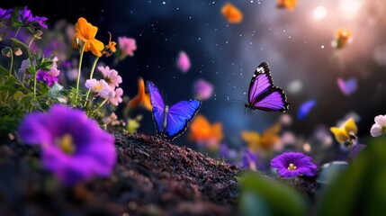 Earth enveloped by purple butterflies and colorful flowers in full bloom