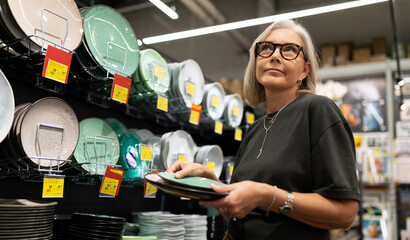 Middle-aged woman exploring diverse product sections in a modern home improvement retail store