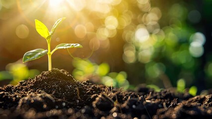 Emergence of Life: A delicate seedling emerges from the earth, bathed in radiant sunlight, illustrating the miracle of new beginnings and the power of growth.
