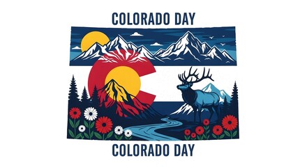 Obraz premium Colorado Day Mountain Landscape with Elk and Floral Elements in Bright Colors