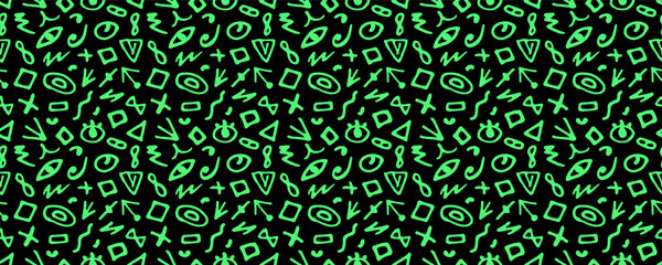 Trendy youth seamless pattern, doodle abstract shapes. Green vector shapes on dark background.