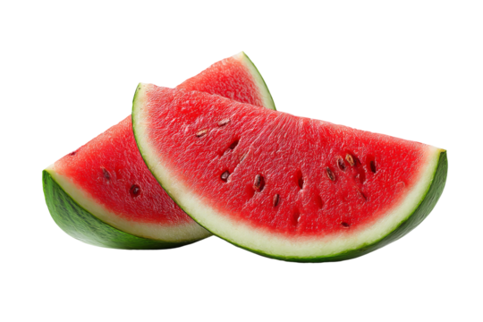 Two juicy watermelon slices isolated on clear transparent PNG background — high‑resolution cutout ideal for summer fruit menu graphics, lemonade packaging, healthy snack blog visuals