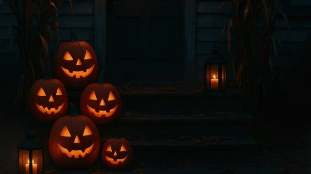Five carved pumpkins with glowing faces on a wooden porch. Lanterns are placed nearby, creating a spooky atmosphere. Halloween decorations are visible.