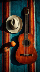 Western themed still life with guitar hat and basketballs