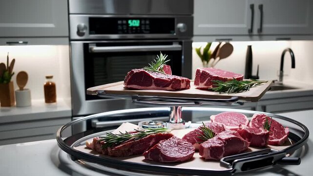 beautifully arranged 4K rotating display lab grown meat cuts including steak ground roast portions garnished bs modern kitchen illustrating sustainability innovation food