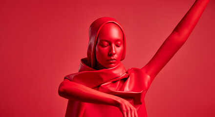 Female figure in vibrant red attire, striking a dynamic pose against a bold red background, showcasing artistic expression and modern fashion aesthetics in a captivating visual display