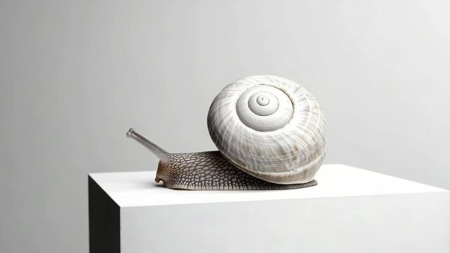 A close-up of a white garden snail on a white pedestal. The snail has a spiral shell and extended tentacles, showcasing its unique texture and form.