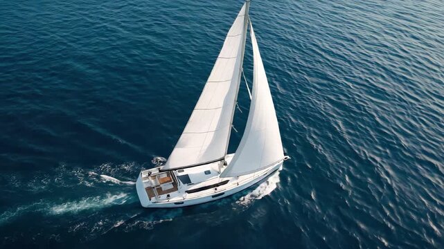 A white sailing yacht glides over calm blue ocean waters. The boat features two large sails and a sleek design, ideal for leisure and adventure.