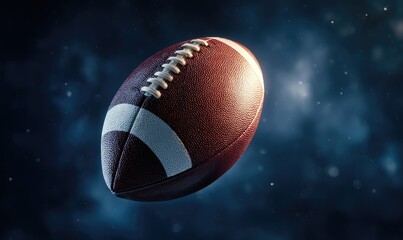 A brown leather American football floats against a dark, smoky, blue backdrop speckled with light particles, seemingly suspended in mid-air