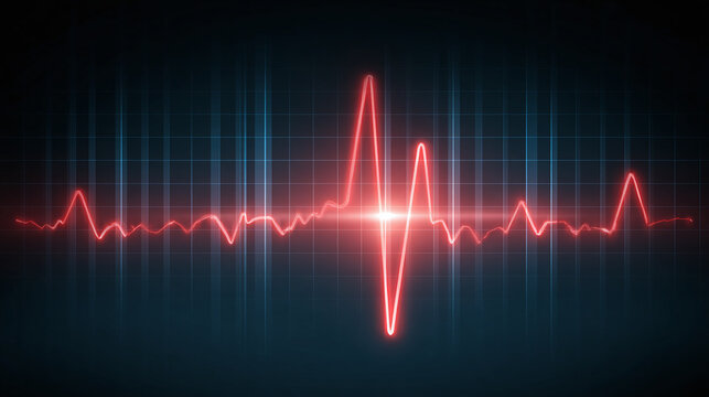Abstract Red Pulse: Dynamic wave with peaks and troughs against a dark background, overlaid with a grid for data visualization and analysis.