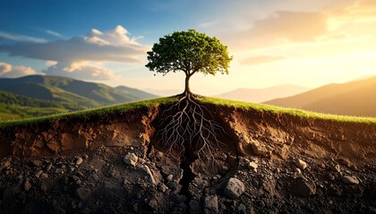 The unseen strength of a mighty tree with a powerful root system growing deep into the earth's soil.