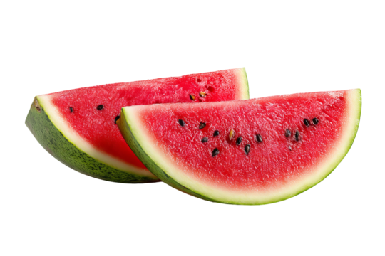 Two juicy watermelon slices isolated on clear transparent PNG background — high‑resolution cutout ideal for summer fruit menu graphics, lemonade packaging, healthy snack blog visuals