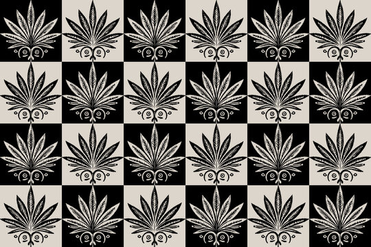 Palm leaf tree patterns. Ethnic ikat abstract leaves background art. Ethnic tribal, boho seamless wallpaper. Motif ethnic, handmade, jungle plants, botanical ornaments.Ideal for rugs, textiles