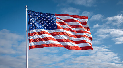 Obraz premium American flag waving against a blue sky with scattered clouds, a symbol of patriotism and national pride blowing gently in the breeze. Stars and Stripes.
