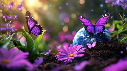 Earth rests in a vibrant garden of flowers, decorated with purple butterflies