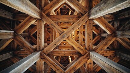 Historic covered bridge diagonal bracing interior wooden timber construction traditional American engineering structural beams cross patterns