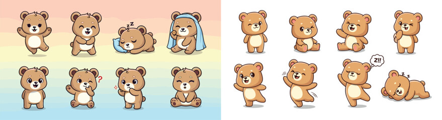 Naklejka premium Cartoon bears in various poses and moods. Cute characters, whimsical, playful, animal, illustration.