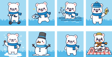 Fototapeta premium Cartoon polar bear in different activities. Cute, cheerful characters, animal icons, illustration, vector