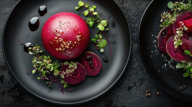 Beetroot bun artisanal fine dining black plate presentation microgreens premium restaurant styling modern plating techniques