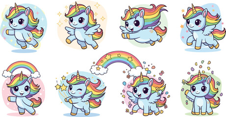 Naklejka premium Cute unicorns with rainbows and sparkles. Cartoon fantasy, magic, happy, colorful, vector.