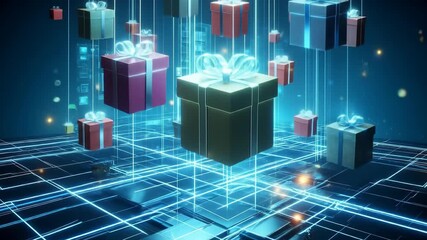 Digital Christmas presents floating in a tech-inspired environment - Powered by Adobe