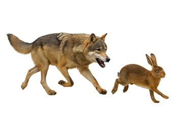 wolf running after a hare on a transparent background. hunting. food chain
