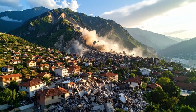 Aerial view of a massive rockslide and landslide destroying a mountainside village, with homes crushed under rubble and a large dust cloud.