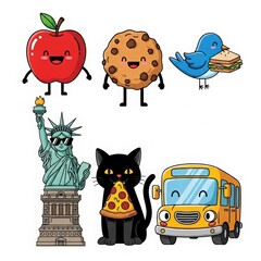 Fototapeta premium The icons include a smiling apple with a face