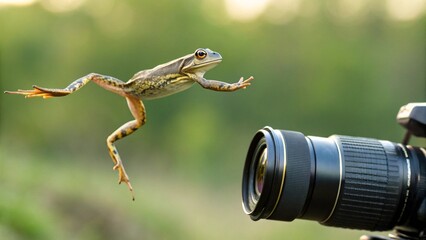 A unique conceptual image showcasing a frog in an impressive jump, seemingly startled or playfully interacting with a professional camera set up in a natural environment © Platon