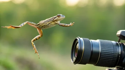 A unique conceptual image showcasing a frog in an impressive jump, seemingly startled or playfully interacting with a professional camera set up in a natural environment © Platon