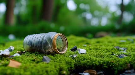 Fototapeta premium Environmental pollution depicted through trash left behind on serene green moss